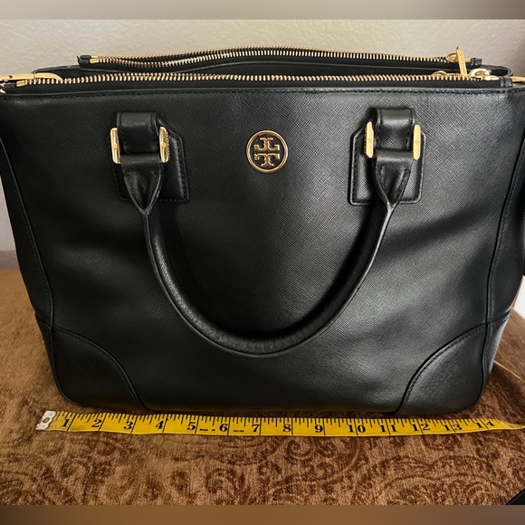 Tory Burch Black Leather Tote with Gold Accents - Picture 1 of 12